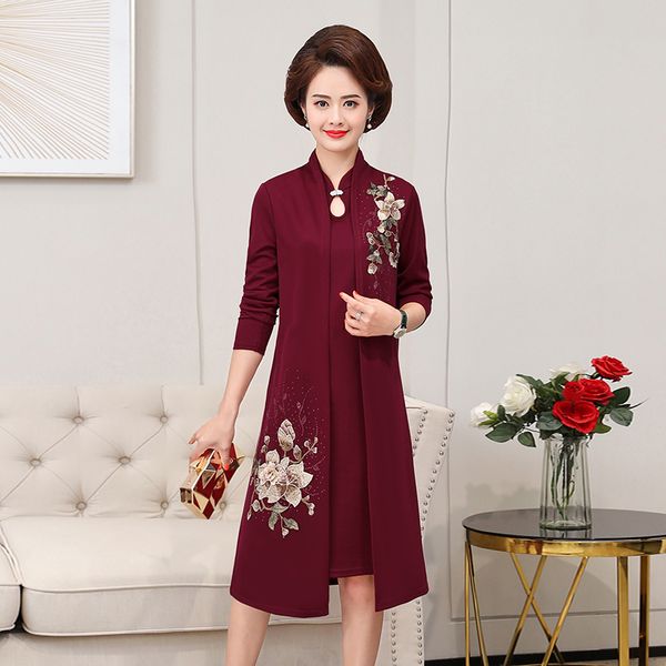 

plus size 5xl middle-aged female spring and autumn elegant vintage 2 piece dress set embroidery casual cardigan tank dress, Black;gray