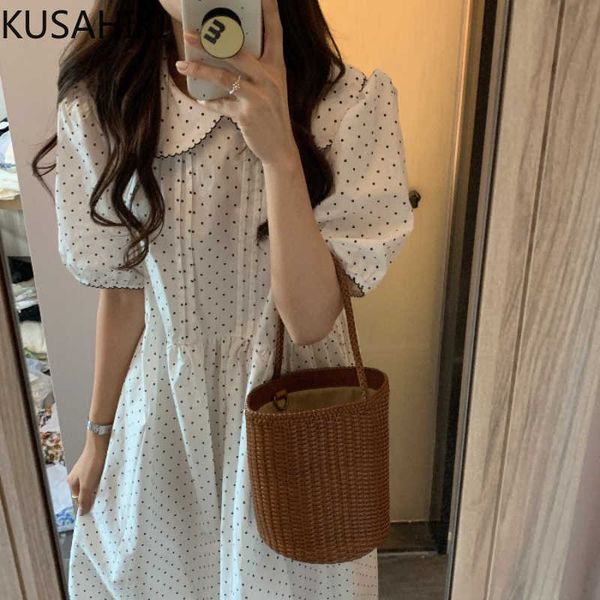 

sweet dot woman dress vintage puff sleeve peter pan collar dresses causal high waist a-line 6h028 210603, Black;gray