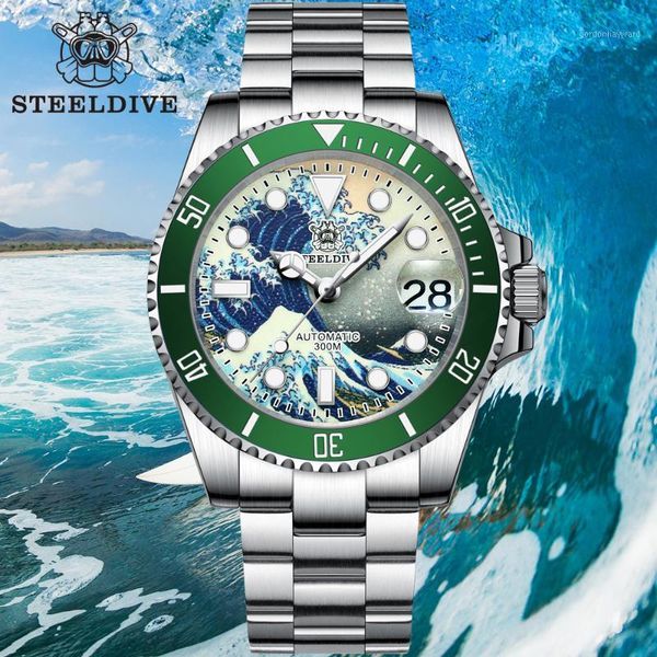 

automatic mechanical wristwatches kanagawa dial 300m waterproof diver sapphire crystal nh35 watch men luminous, Slivery;brown