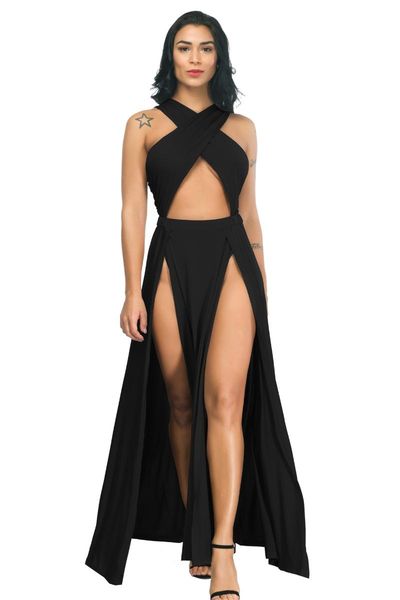 

summer women's dress black v neck irregular split folds sleeveless party 2021vestido de mujer casual dresses, Black;gray