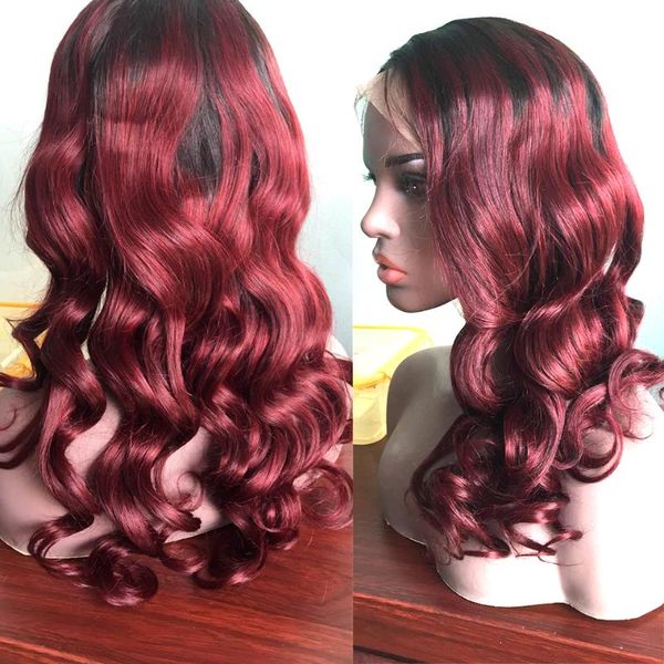 

ombre red burgundy 13x4 lace front human hair wigs loose wave 150% brazilian remy wavy wig for women, Black;brown