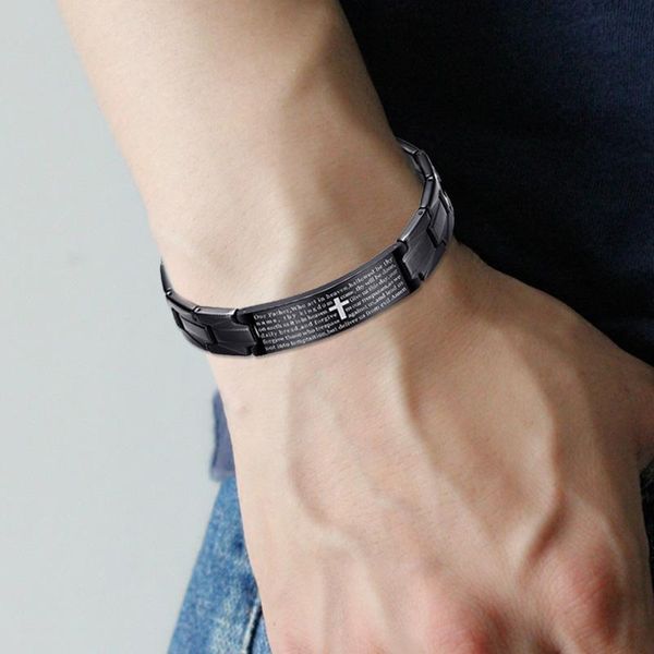 

charm bracelets est men bracelet stainless steel cross english prayer casual bangle gift ty66, Golden;silver