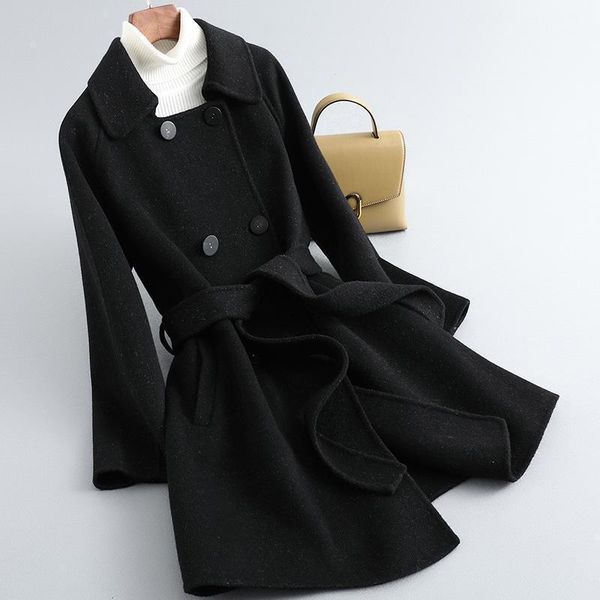 

women's wool & blends medium and long double-sided cashmere coat tweed dress autumn winter 2021 korean, Black