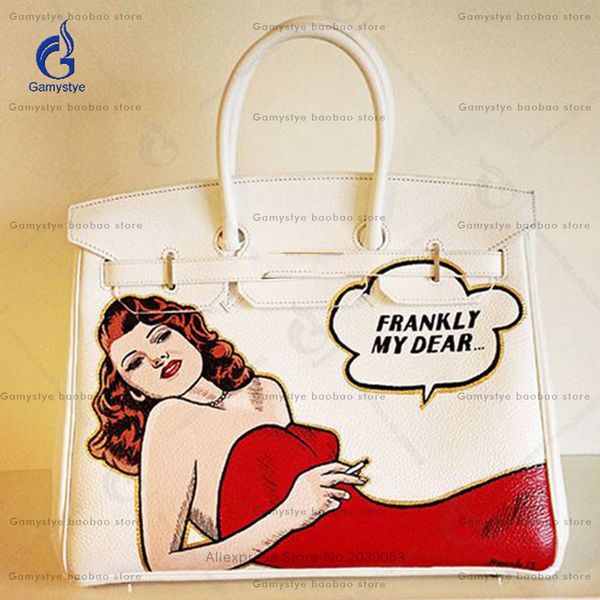 

art beauty girl dear graffiti hand painting draw h brand custom women totes cowhide handbags gifts genuine leather bags