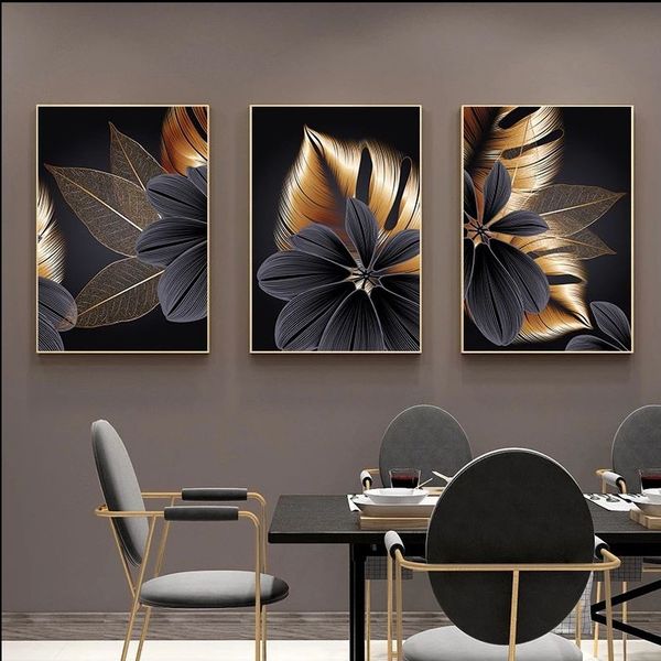 

unframed black and gold plant leaves flowers canvas painting