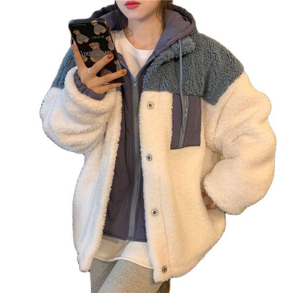 

women's wool & blends winter 2021 loose large size splicing plush ladies jacket fake two pieces hooded thicken cotton clothes coats, Black