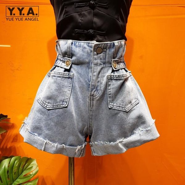 

women's jeans female casual sweet high waist slim fit push up streetwear summer pants women pocket cargo wide leg denim shorts, Blue