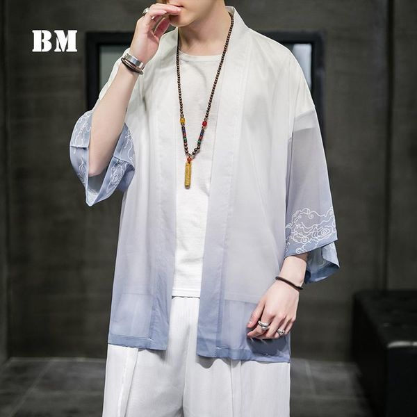 

men's casual shirts chinese traditional dress summer china oversized cardigan plus sizethin gradient hanfu men clothing harajuku ice s, White;black