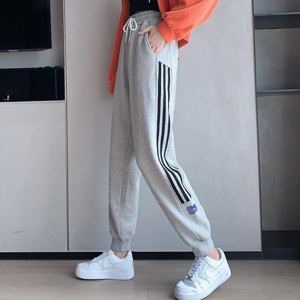 

sports loose sweatpants casual cotton women pant high waist side stripes joggers trousers comfortable sportswear 9941, Black;white