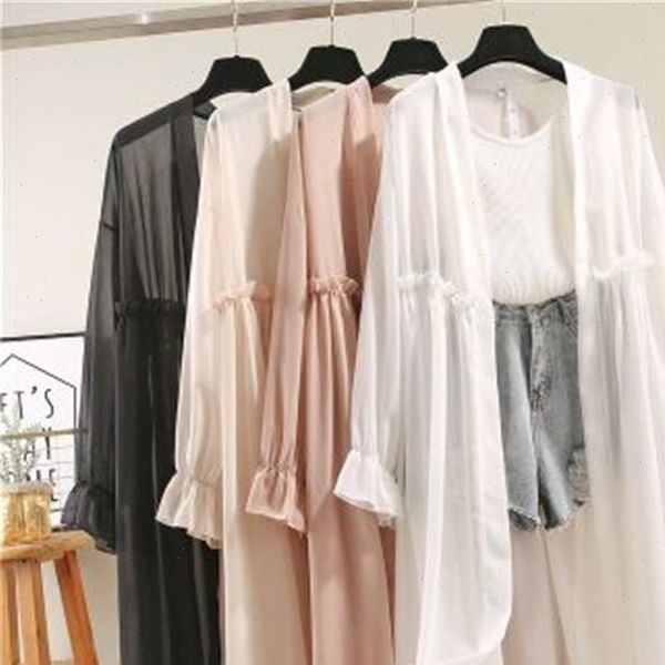 

chiffon long womens sweaters kimono cardigan shirt blouse spring pleated solid falre sleeve blusas summer see through shirts pz3214, White;black