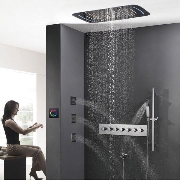 

ceiling embedded led shower set with three 4-inches body jets thermostatic multifunction color change bathroom sets