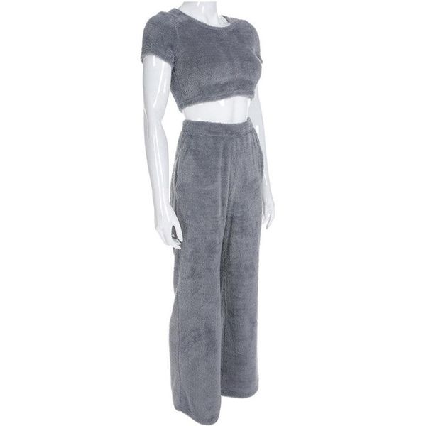 

women's lady winter warm fleece fur clothes set two piece crop short sleeve pants trousers party clubwear, White