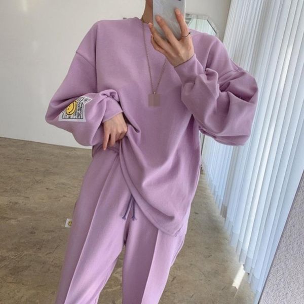 

women's two piece pants autumn casual tracksuit suit 2 set solid long sleeve sweatshirt elastic waist sportswear female outfit, White