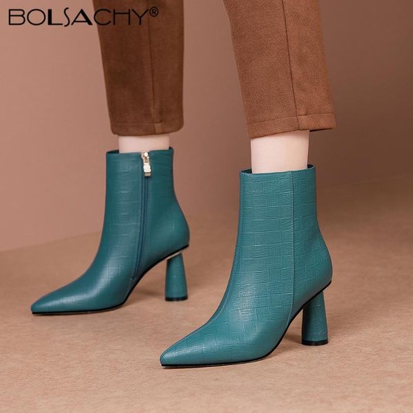 

boots genuine leather winter shoes for women pointed toe side zipper high-heel boot party dance collection 2021 bottes femme, Black