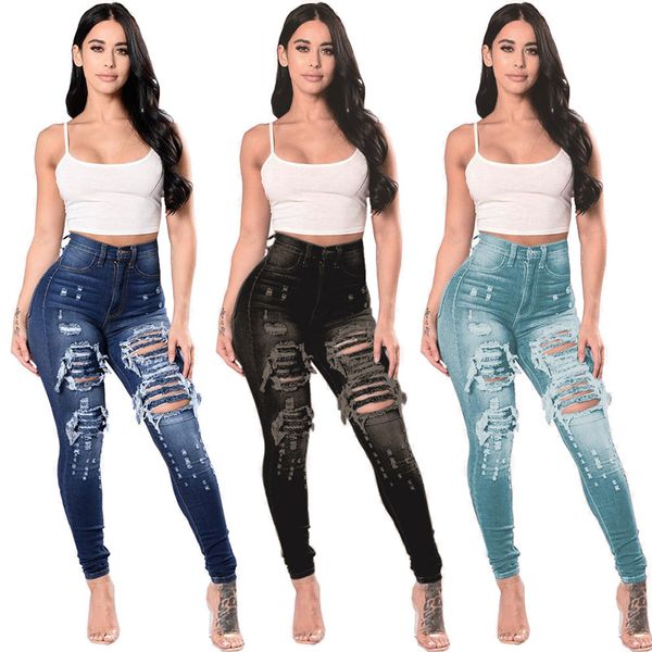 

ladies jean women jeans dark high waist pencil pants woman casual ripped trousers spring autumn slim fit temperament light ripeness elastici, Blue