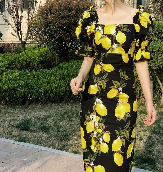 

Dresses Mermaid Summer Designer Lemon & Flower Print Lady Retro Square Neck Street Fashion Midi Stright Dress Frocks Women R2CP, Black;gray