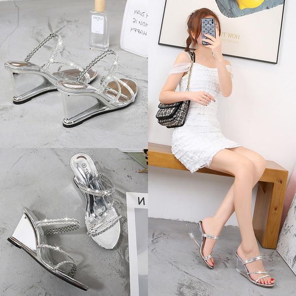 

sandals 2021 summer two to wear slope heel women's crystal transparent glass diamond, Black