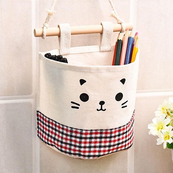 

storage bags wall hanging cotton linen sundries organizer hanger bag cute cat pattern pocket pouches cosmetic makeup containers