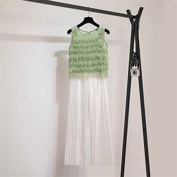 

summer women sleeveless tassel + pants 2 pcs sets female holiday suits a1464 210519, White