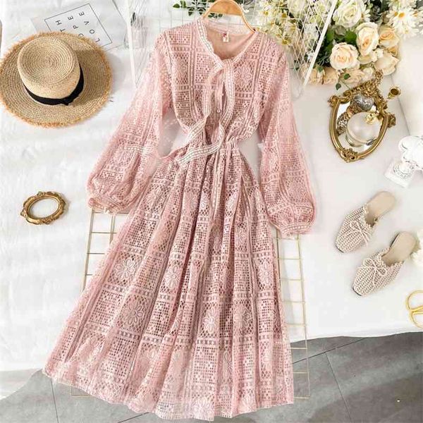 

chic sweet lace tie bow long sleeve elegant dress women vintage clothes vestidos k714 210527, Black;gray