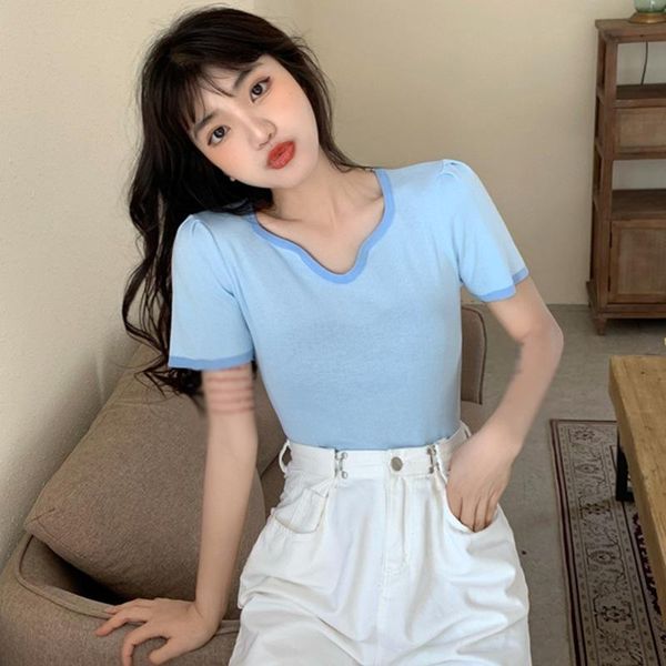 

women's t-shirt summer female irregular v neck sweater solid color short-sleeved high waist knitted slim jacket, White