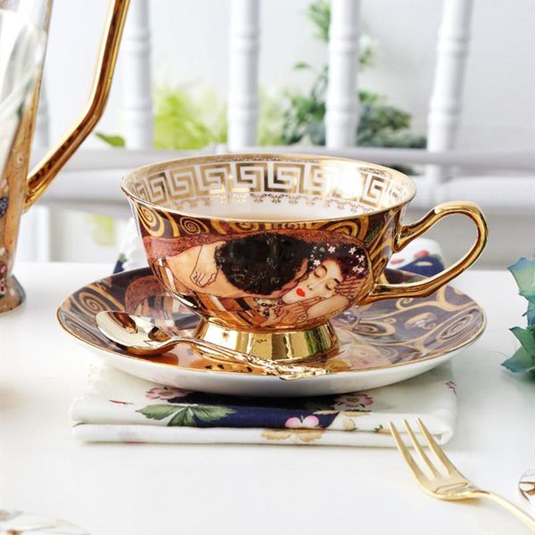 

cups & saucers tea cup set bone china "kiss" coffee saucer high-capacity mugs spoon household teaware coffeeware supplies