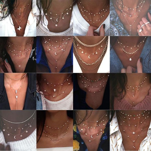 

pendant necklaces bohemian layered chain moon star gold necklace for women vintage beaded pendants geometry chokers boho jewelry gift, Silver
