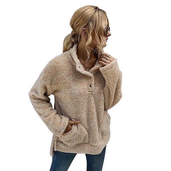 

women's hoodies & sweatshirts 2021 winter plush vintage solid thick female turn down collar pullovers with pockets outwear ladies, Black