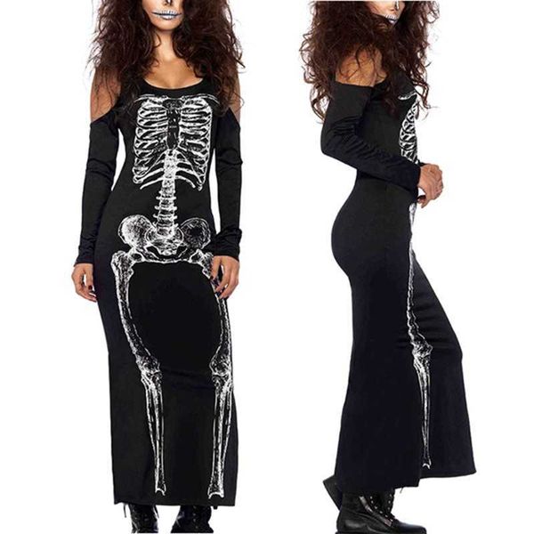 Langarm Schwarzes Kleid Damen Halloween Kostüm Gruseliges Skelett Sexy Trägerlos 1 Stück Y1006