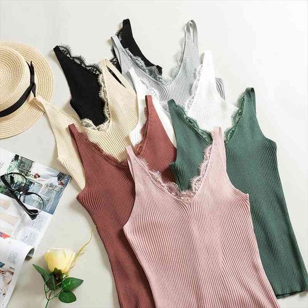 

lace camisole splicing womens tank double v-neck vest plain slim sling camis solid colors for women, White