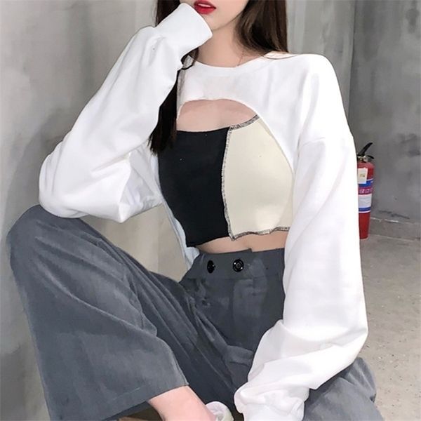 

sweatshirt women korean streetwear long sleeve sweatshirts pullover+vest casual party crop autumn women's clothing 211104, Black