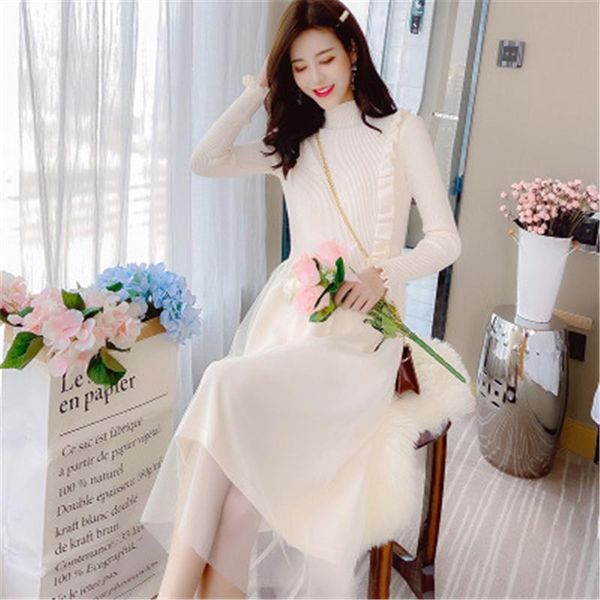 

casual dresses spring autumn women knit dress elegant slim flare sleeve women's long base pullover ruffles sweater n26, Black;gray