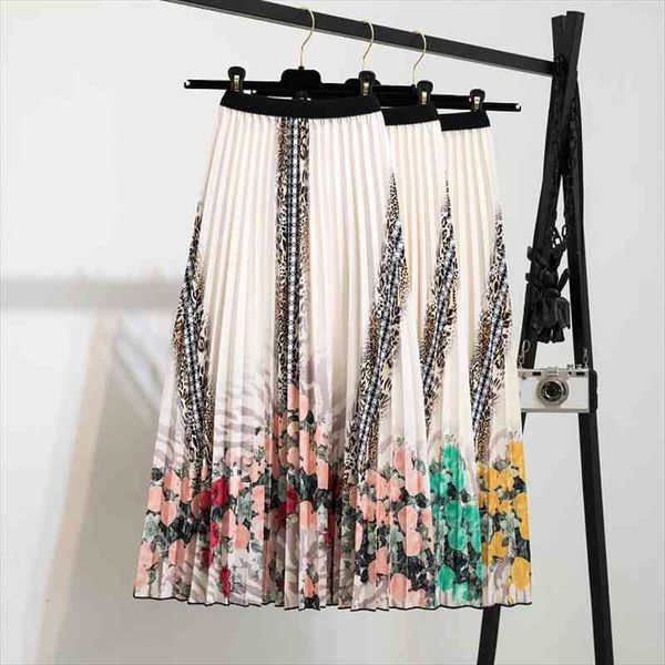 

fashion brand print pleated womens skirt high waist strechy cartoon long midi female a-line falda summer jupe femme, Black