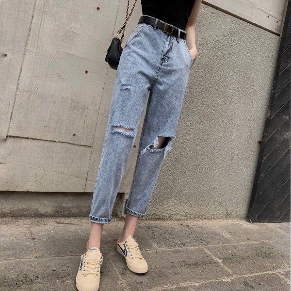 

women's jeans 2021 autumn women casual pants ladies mid waist button fashion skinny loose korean washed denim trousers e338, Blue