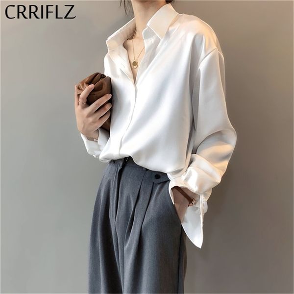 

crriflz spring women fashion long sleeves satin blouse vintage femme v neck street shirts elegant imitation silk 210520, White