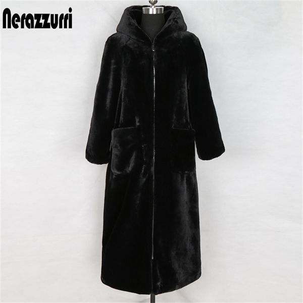 

nerazzurri winter long faux fur coat with hood long sleeve zipper black furry fake rabbit fur outwear plus size korean fashion 211122