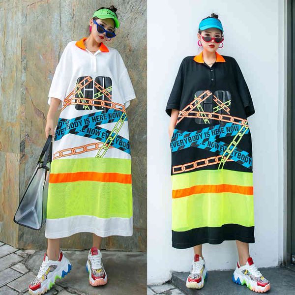 

thailand tide marks polo collar medium loose length short sleeves long female shirt net red dress of summer, Black;gray