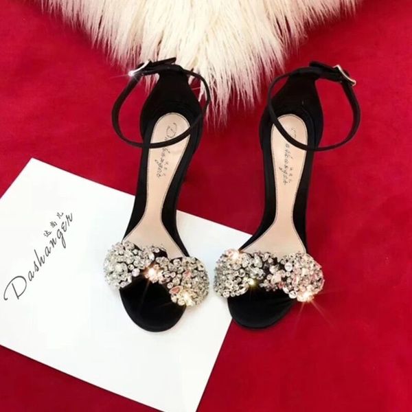 

slippers 2021 summer fashion stilettos one word buckle bow sandals wild banquet dress large size wedding shoes wom, Black