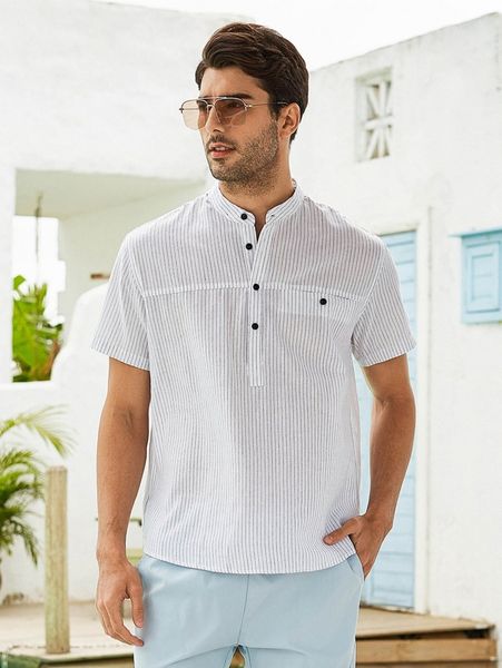 

men pinstriped print half button shirt 79yc#, White;black