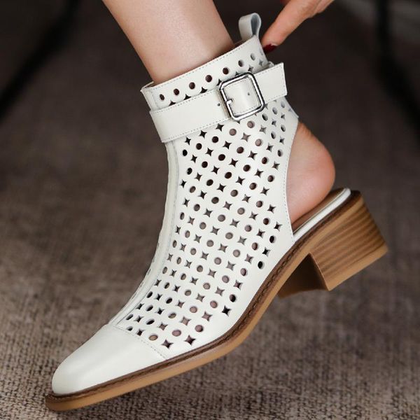 

boots women's genuine leather square toe hollow-out summer autumn ankle slingback side zip short casual shoes, Black