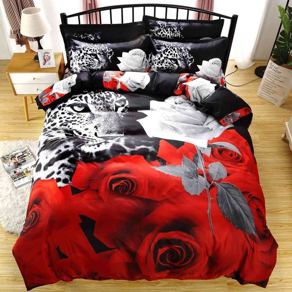 Aggcual animal leopardo Rose Bedding Set King Size Não Sheets Capa de Duveta Cama Dupla Têxteis Têxteis Impressão Digital BE90 210615