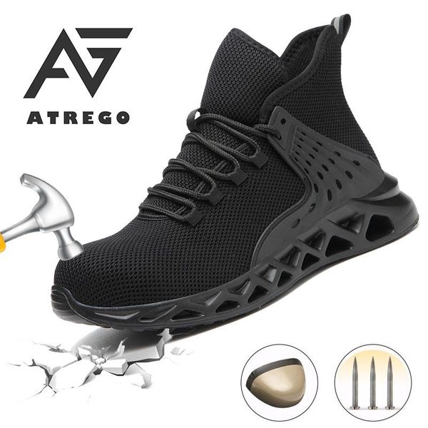 

boots atrego casual breathable lightweight outdoor sneakers puncture proof men steel toe puncture-proof work safety shoes, Black