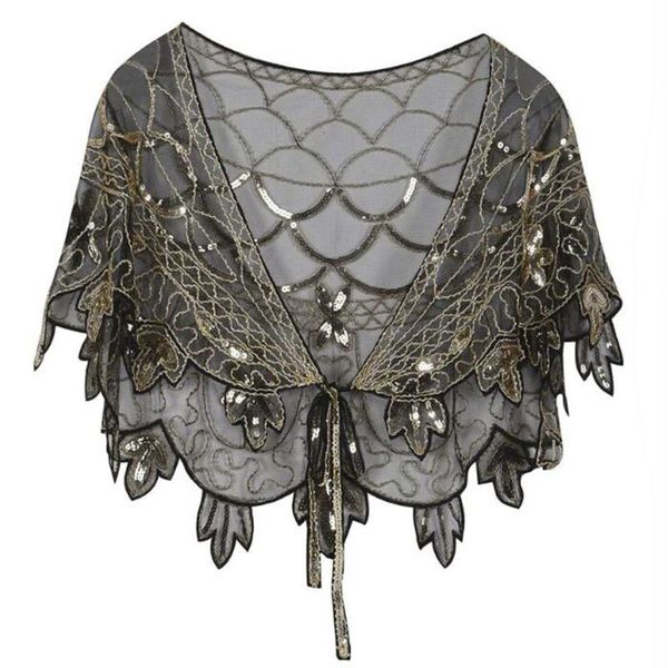 

women's jackets vintage 1920s flapper shawl sequin beaded short cape decoration gatsby party mesh cover up dress accessories, Black;brown