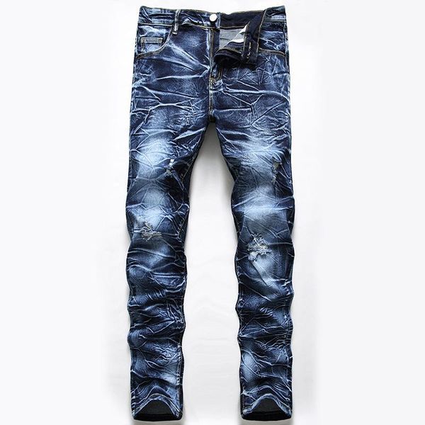 

men's jeans european high-end stretch ripped denim trousers, Blue