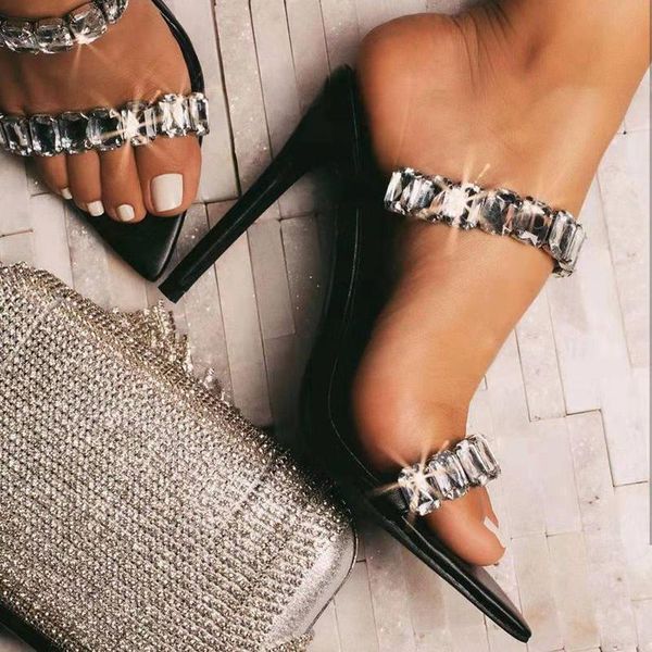 

sandals plus size 35-42 women rhinestones pointed toe stiletto crystal high heels wedding summer shoes for 2021, Black