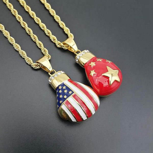 

pendant necklaces hip hop charm inlaid zircon necklace stainless steel american flag boxing gloves pendants for men jewelry gift, Silver