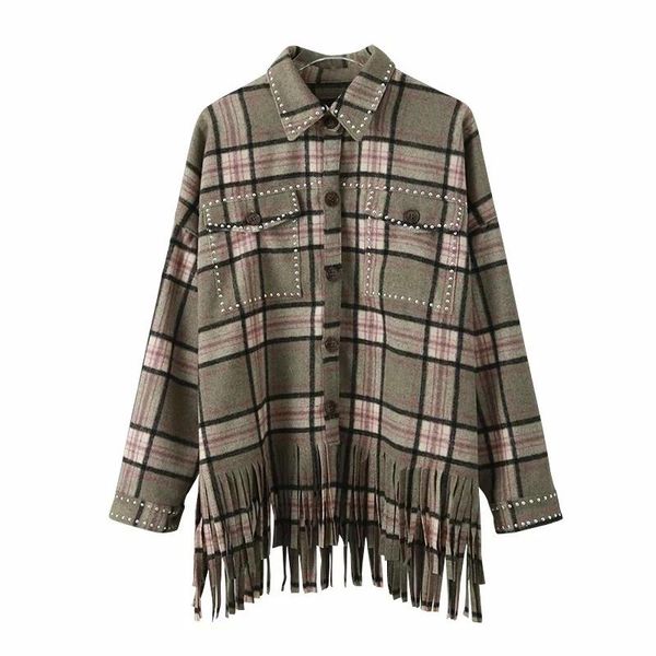 

women's jackets vintage chic green plaid tassel shirt jacket women fashion rivet pockets single breasted lapel collar coat outerwear, Black;brown