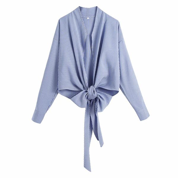 

shirts 2021 women striped long sleeves elegant fashion woman wrapped tie cropped shirt, White