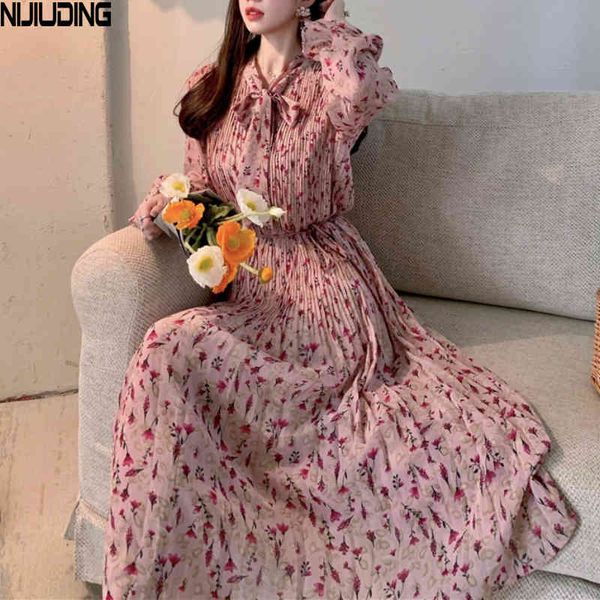 

women retro pleated long dress spring autumn sleeve bow neck elastic waist casual dresses female mujer vestidos 210514, Black;gray