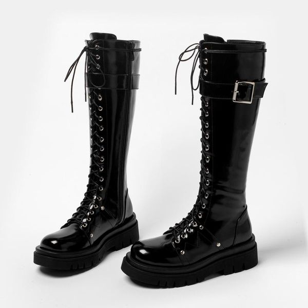 

boots 2021 women fashion platform square heel knee high pu leather motorcycle autumn winter zip ladies shoes, Black